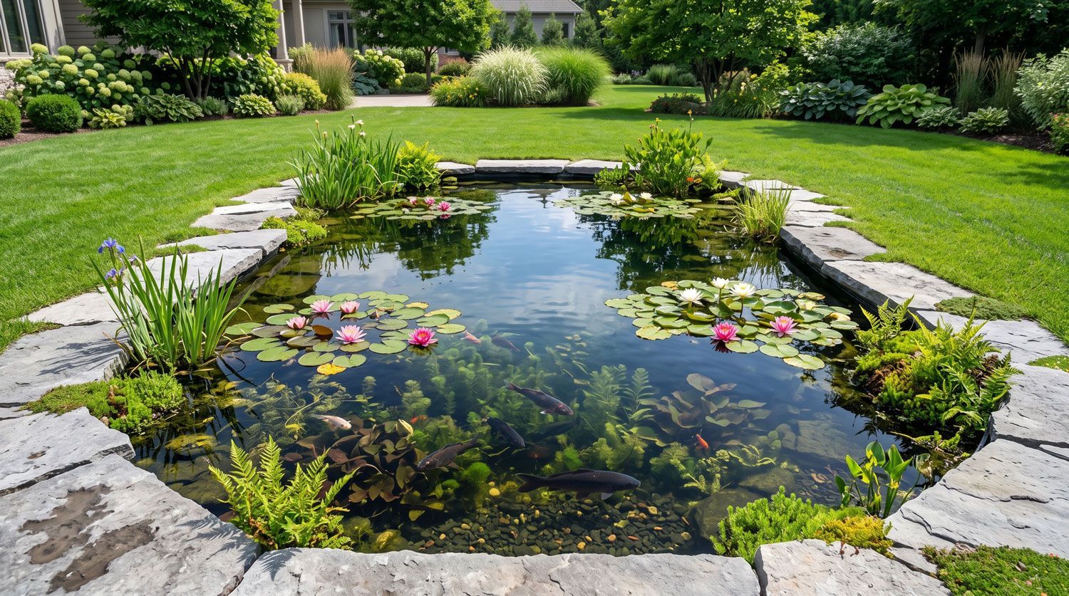Small backyard pond with lily pads, edged by stone and surrounded by lush green lawn and shrubs.