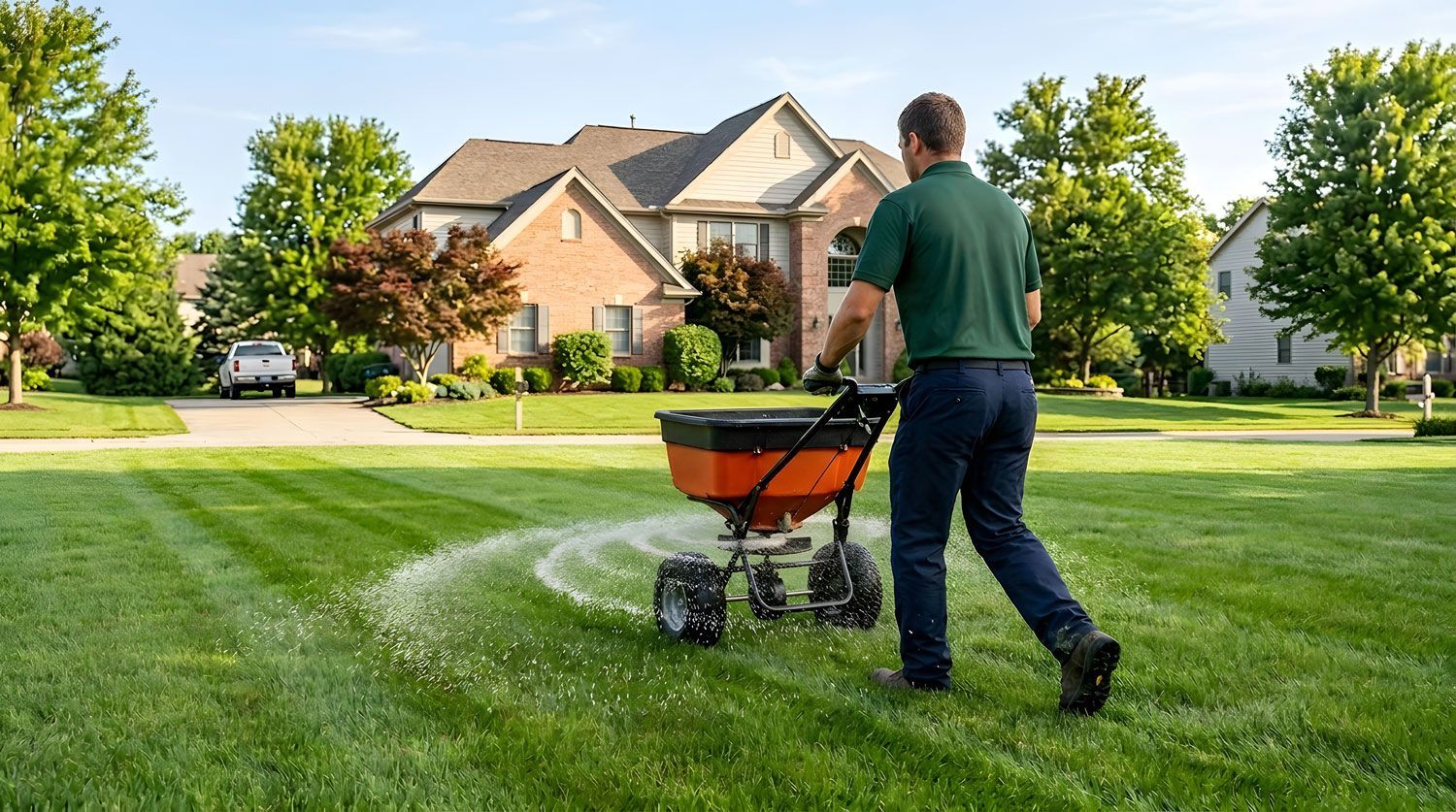 Person spreading fertilizer on a green lawn in a suburban neighborhood