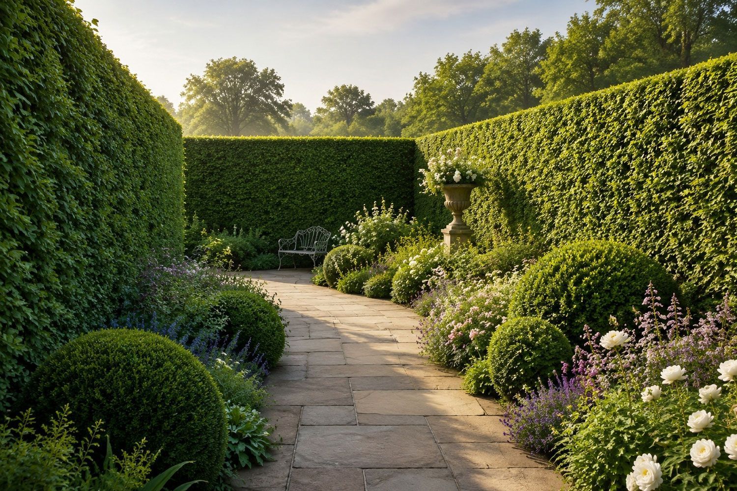 Sunlit garden path curving through manicured hedges and blooming white flowers