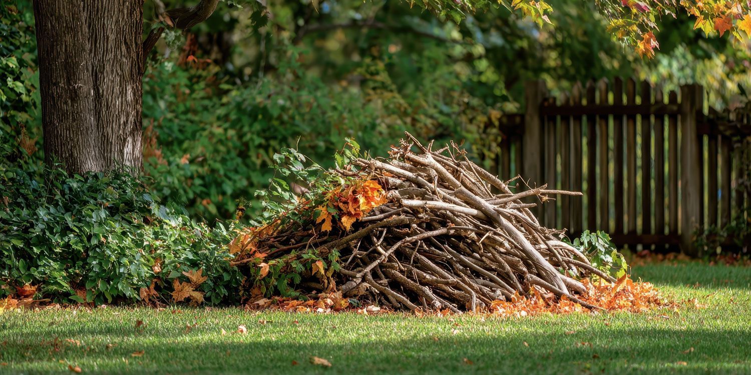 Pile of yard trimmings and branches burning in a grassy backyard near a wooden fence