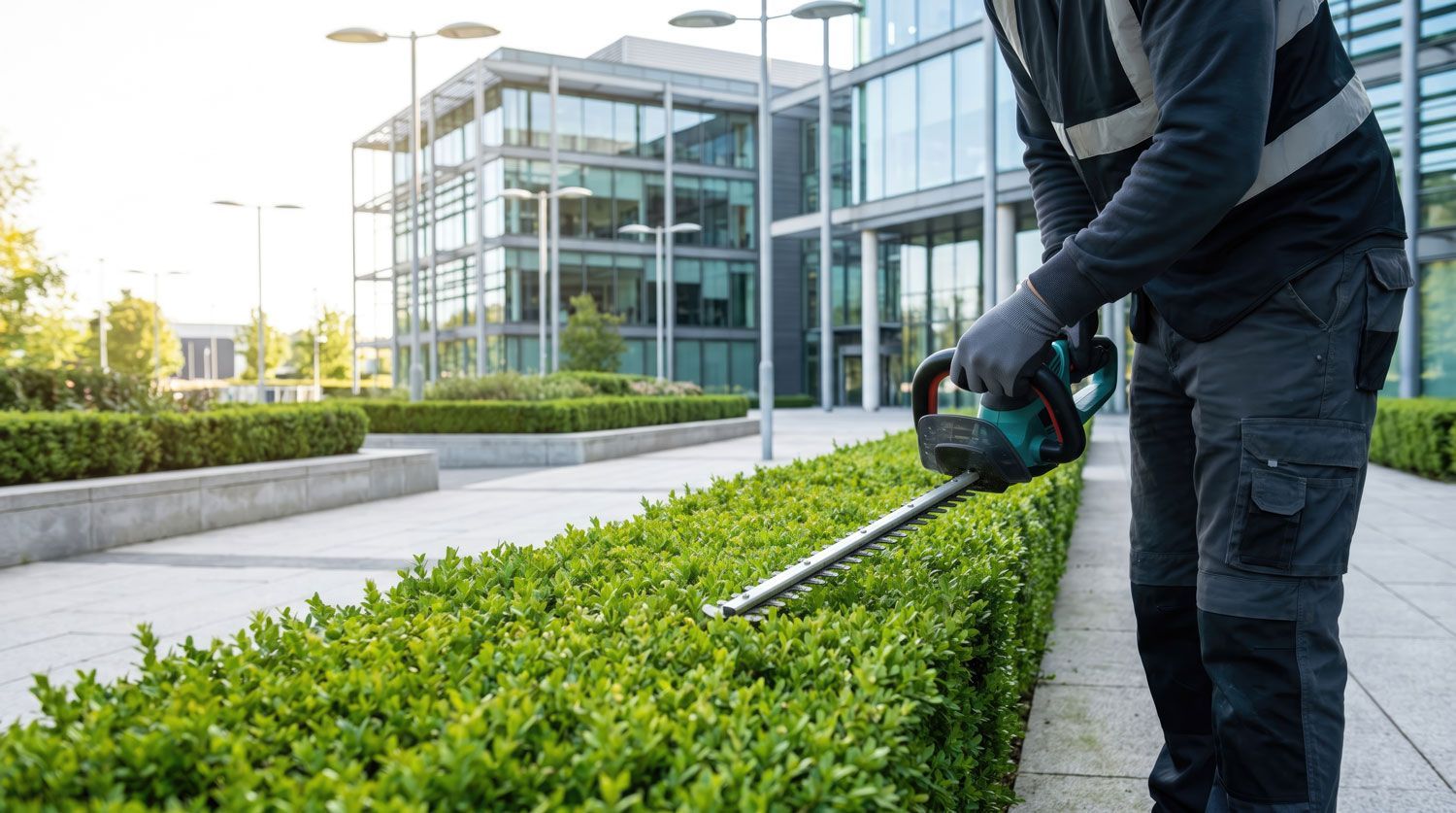 Worker trimming a hedge with an electric trimmer outside a modern glass office building