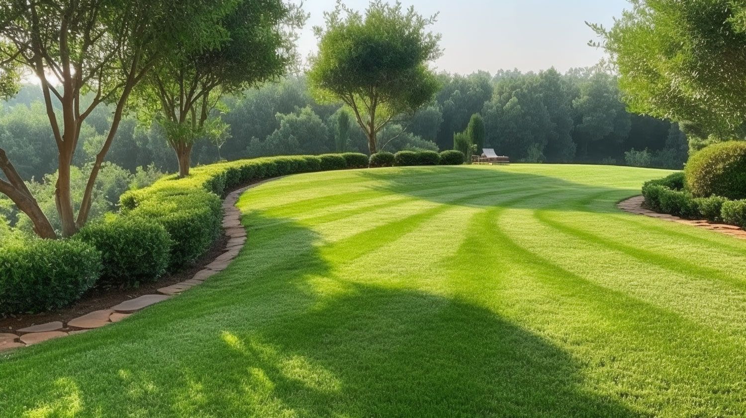 Sunlit golf course fairway with lush green grass, trees, and manicured shrubs