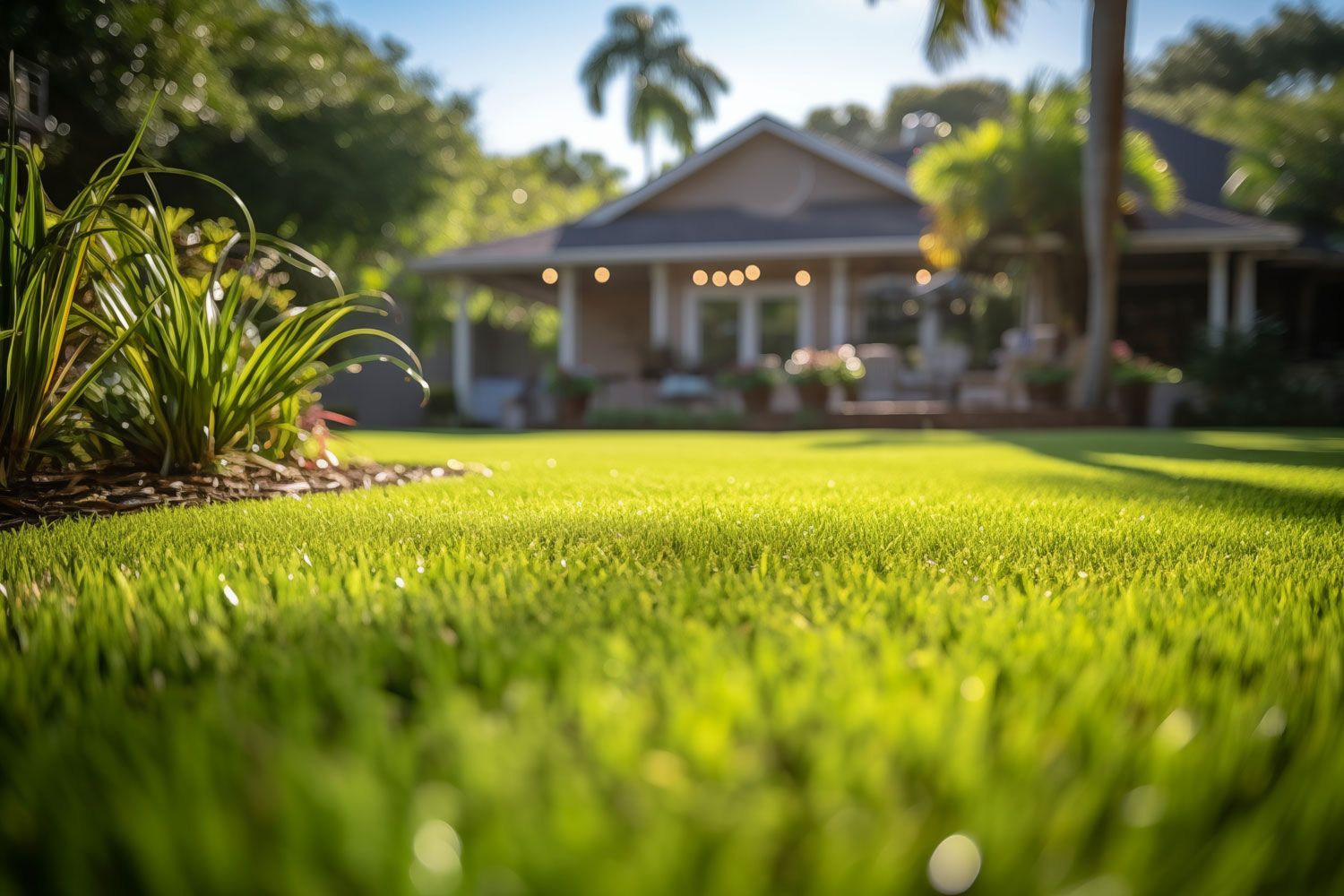 Lush green lawn leading to a house with a shaded porch and palm trees in the background