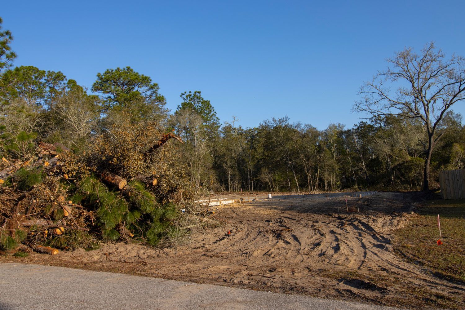 Dirt clearing beside a road with trees and brush under a clear blue sky