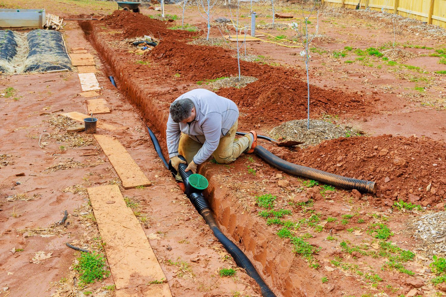Worker digging a trench beside black irrigation pipe in a red dirt field, using a green tool.