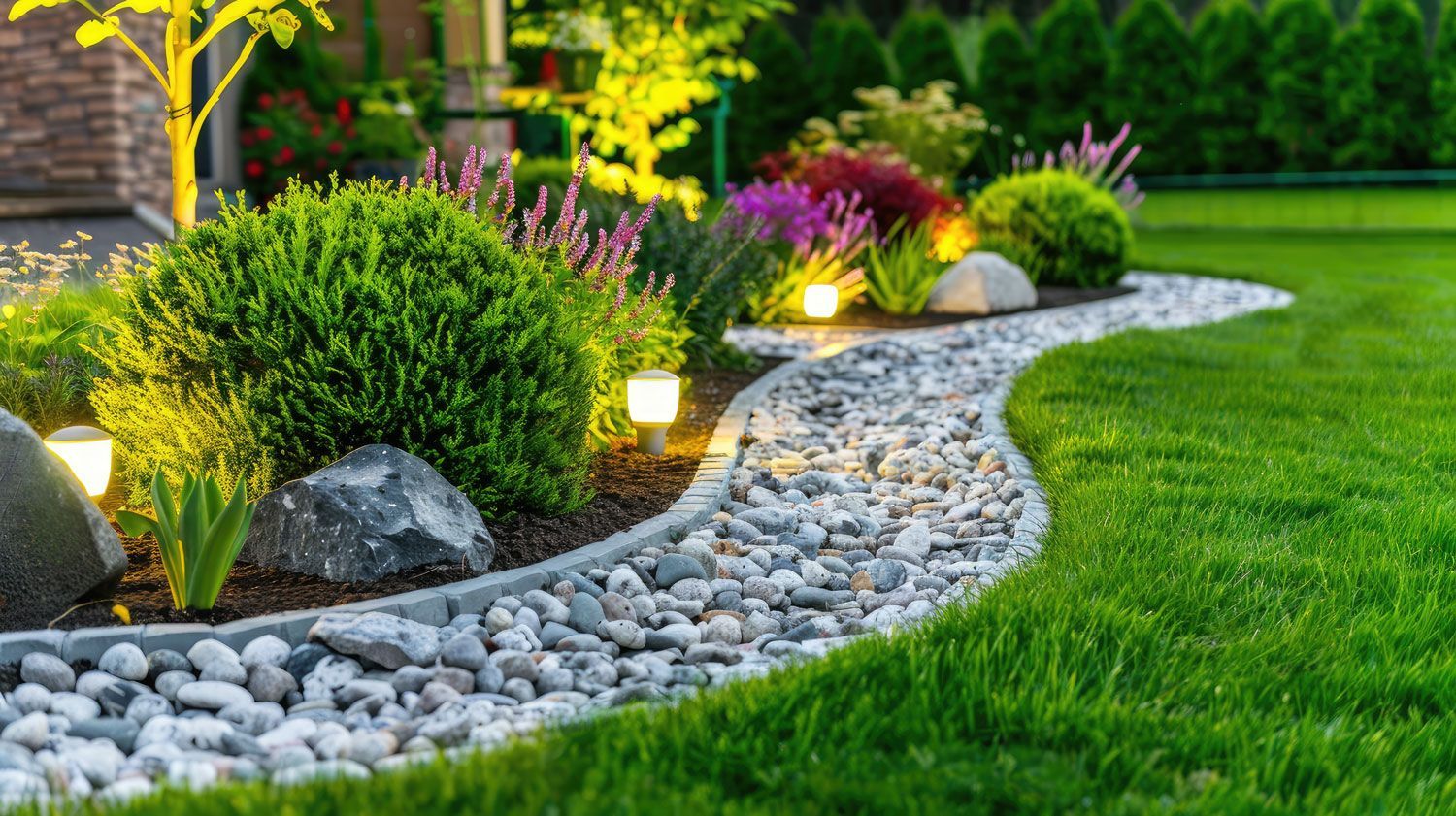 Curved stone garden path beside lush shrubs and glowing landscape lights at dusk