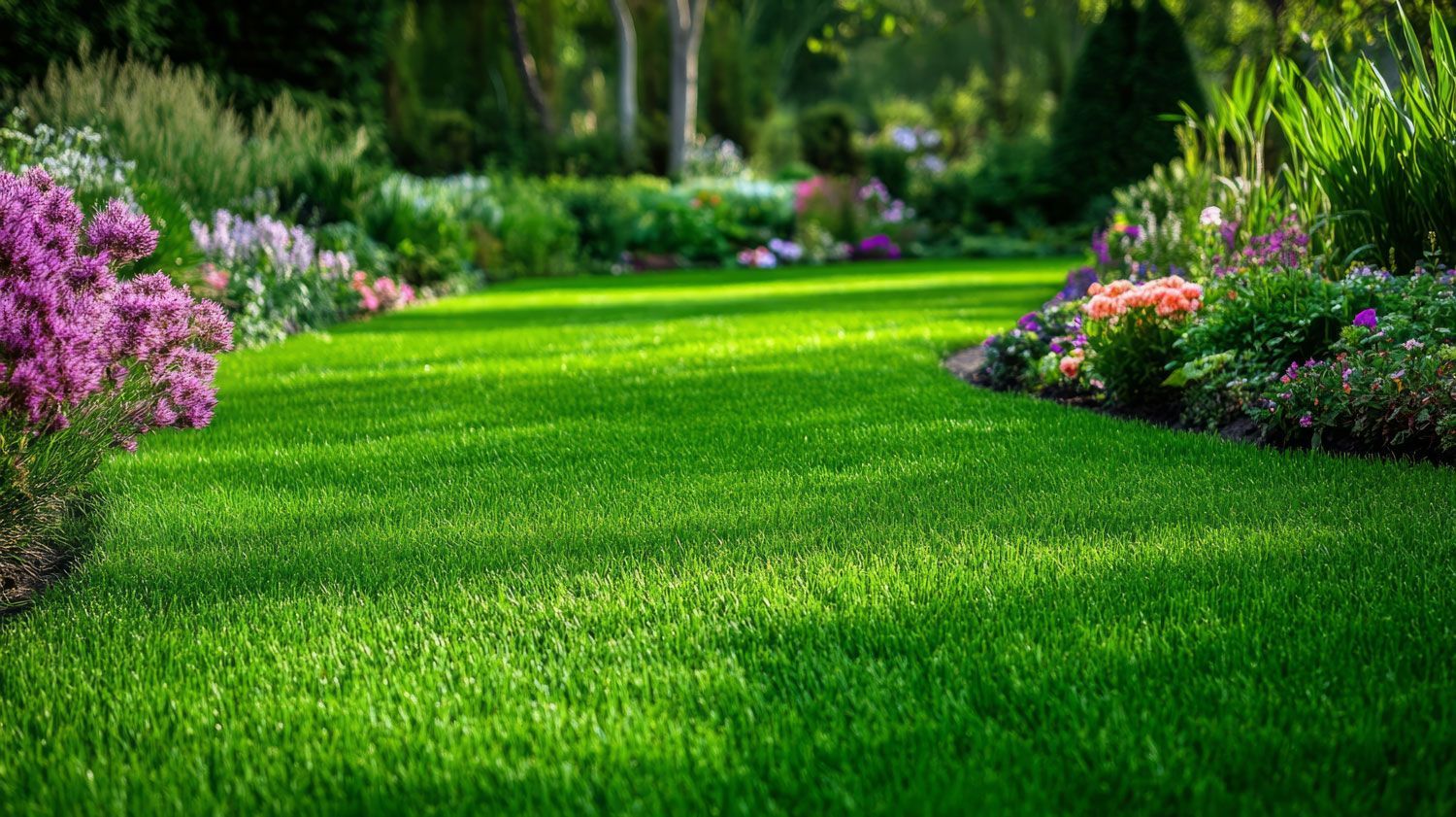 Lush green garden lawn bordered by colorful flower beds and tall trees in bright sunlight