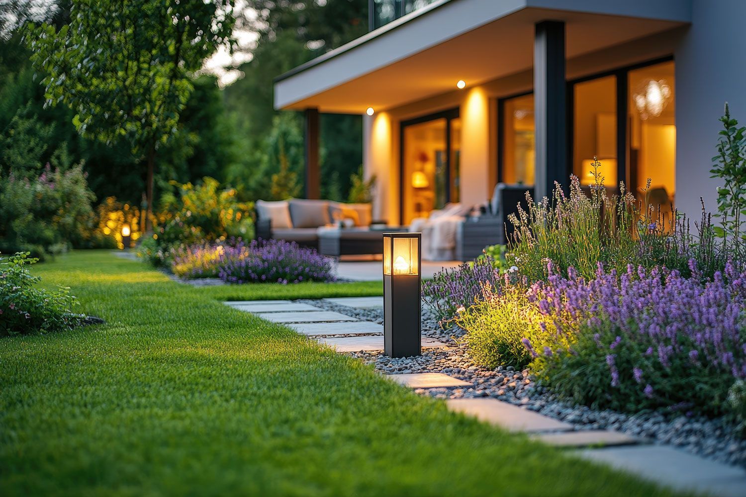 Curved stone walkway through a landscaped garden beside a house, with trimmed shrubs and bright flowers