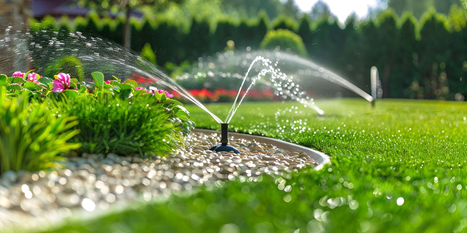 Sprinklers watering a green lawn beside colorful flowers and a curved stone border