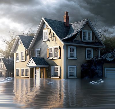 House flooded with water, showing only the upper floors under a stormy sky.
