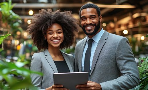 Two professionals in gray suits smiling and holding a tablet in a leafy office setting