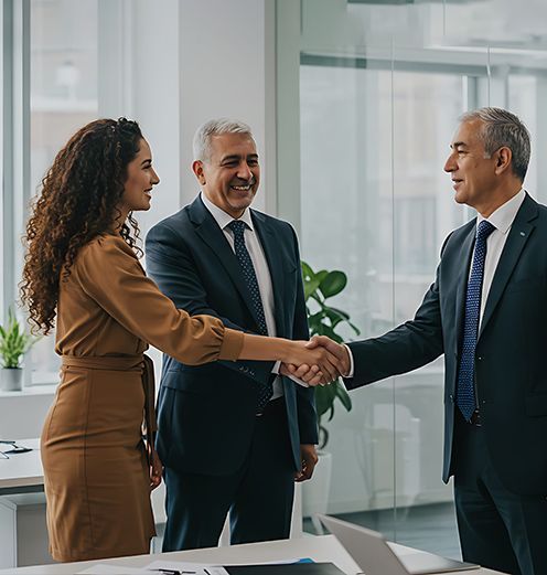 Three professionals in suits shaking hands in a bright office meeting room.