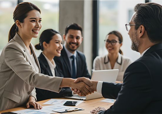Business meeting with two people shaking hands across a table while colleagues watch and smile.