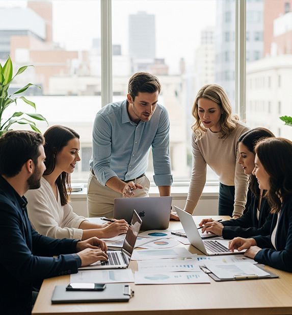 Team meeting around a laptop in a bright office, with charts spread across a table and colleagues collaborating.