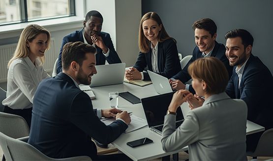 Business team in a meeting around laptops in a bright office conference room