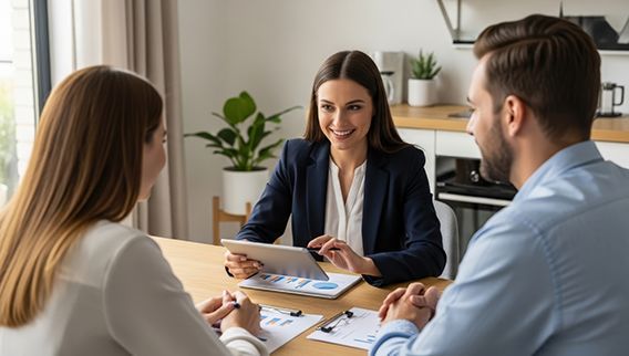 Three people meeting at a table, reviewing documents with a smiling woman in a navy blazer.