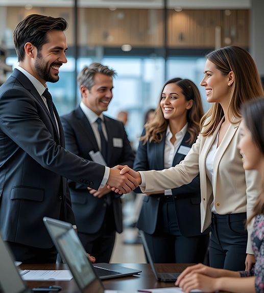 Business professionals shaking hands in a modern office conference room, with colleagues smiling in the background