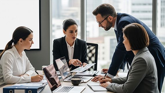 Four coworkers in a meeting around a laptop and papers in a bright office.
