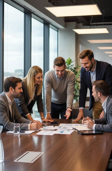 Business team collaborating around a conference table in a bright modern office