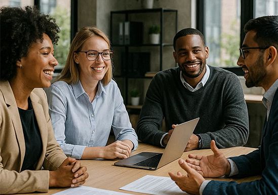 Four coworkers smiling around a table in a meeting room with a laptop and papers