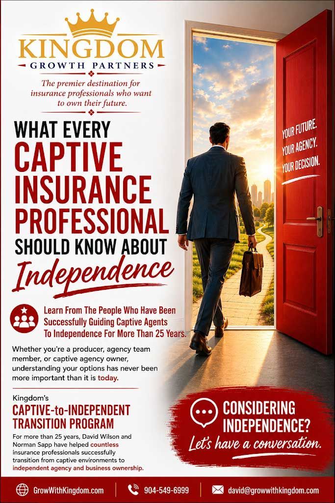 Poster with man walking through open red door toward sunrise, promoting captive insurance and independence