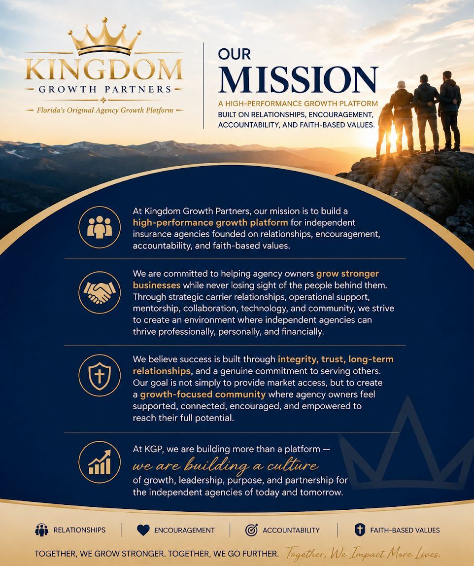 Kingdom promotional mission poster with gold and navy text, icons, and silhouetted people at sunrise