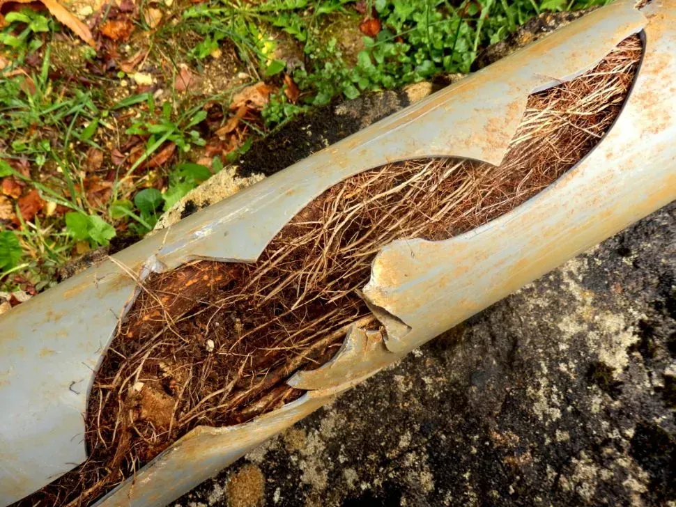 Damaged Gray Pipe Split Open, Revealing Roots Inside — Gibson Plumbing & Roofing Pty Ltd in Gladstone Central, QLD
