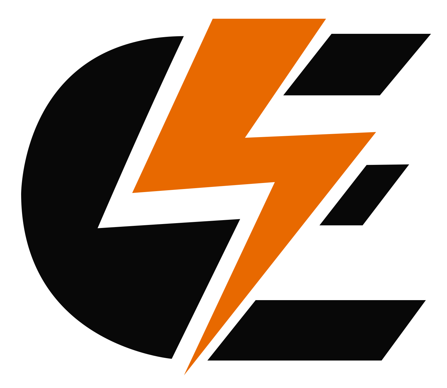 A black and orange lightning bolt in a circle.