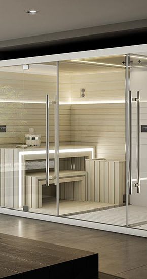 Un rendu d'un sauna moderne avec une porte vitrée