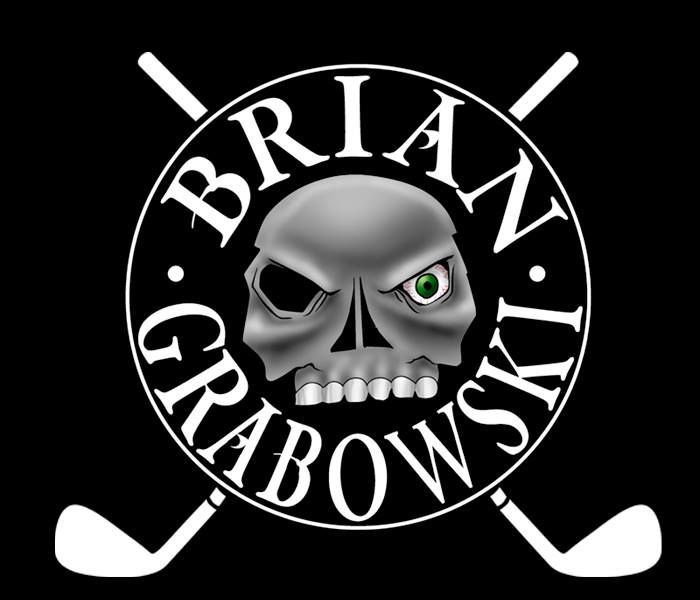 A brian grabowski logo with a skull and golf clubs