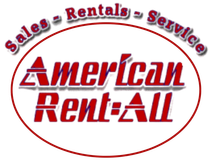 A red and white logo for american rent-all