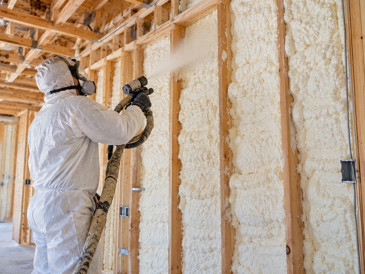 Closed cell spray foam insulation applied between wall framing in Temple TX