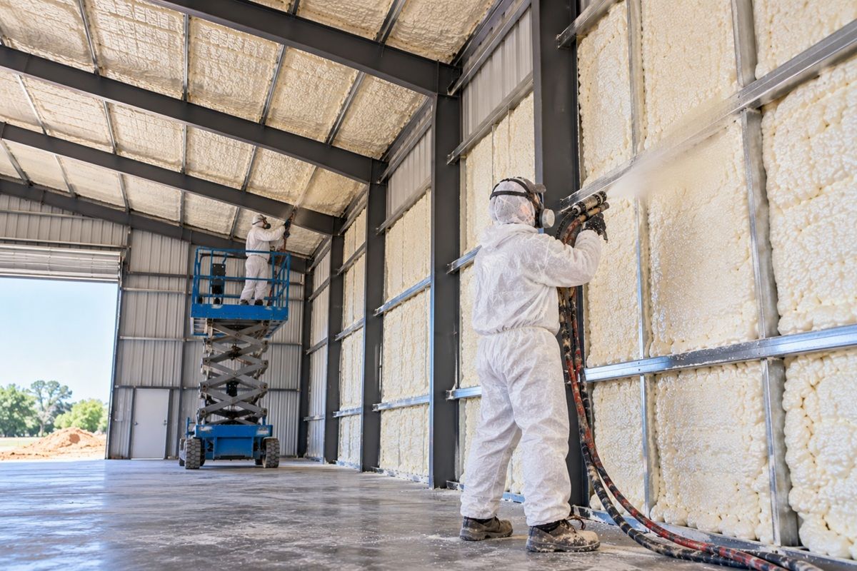 Metal building insulation project with spray foam in Killeen TX