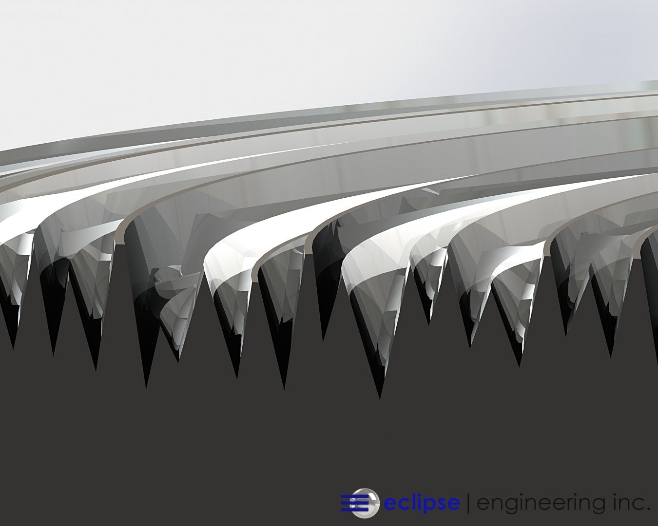 Close-up cross-section of a spring-energized PTFE seal, showing the inner metal spring that provides sealing force, surrounded by a white polymer jacket. Image includes the Eclipse Engineering Inc. logo in the corner.