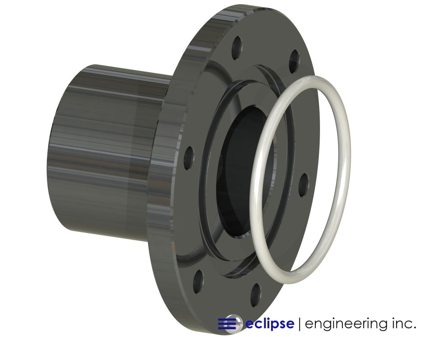 A 3D-rendered mechanical part with a circular flange and cylindrical body, featuring an O-ring positioned in front of the flange for sealing purposes.
