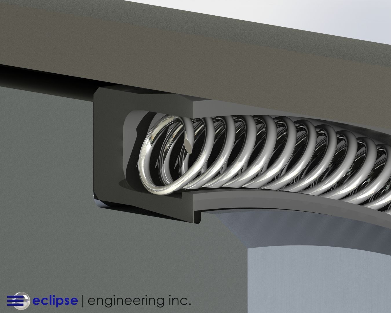 Close-up cross-sectional view of a spring-energized seal installed in a stepped gland, showing a tightly coiled metal spring housed inside the seal jacket and compressed against a cylindrical surface, with Eclipse Engineering branding in the lower corner.