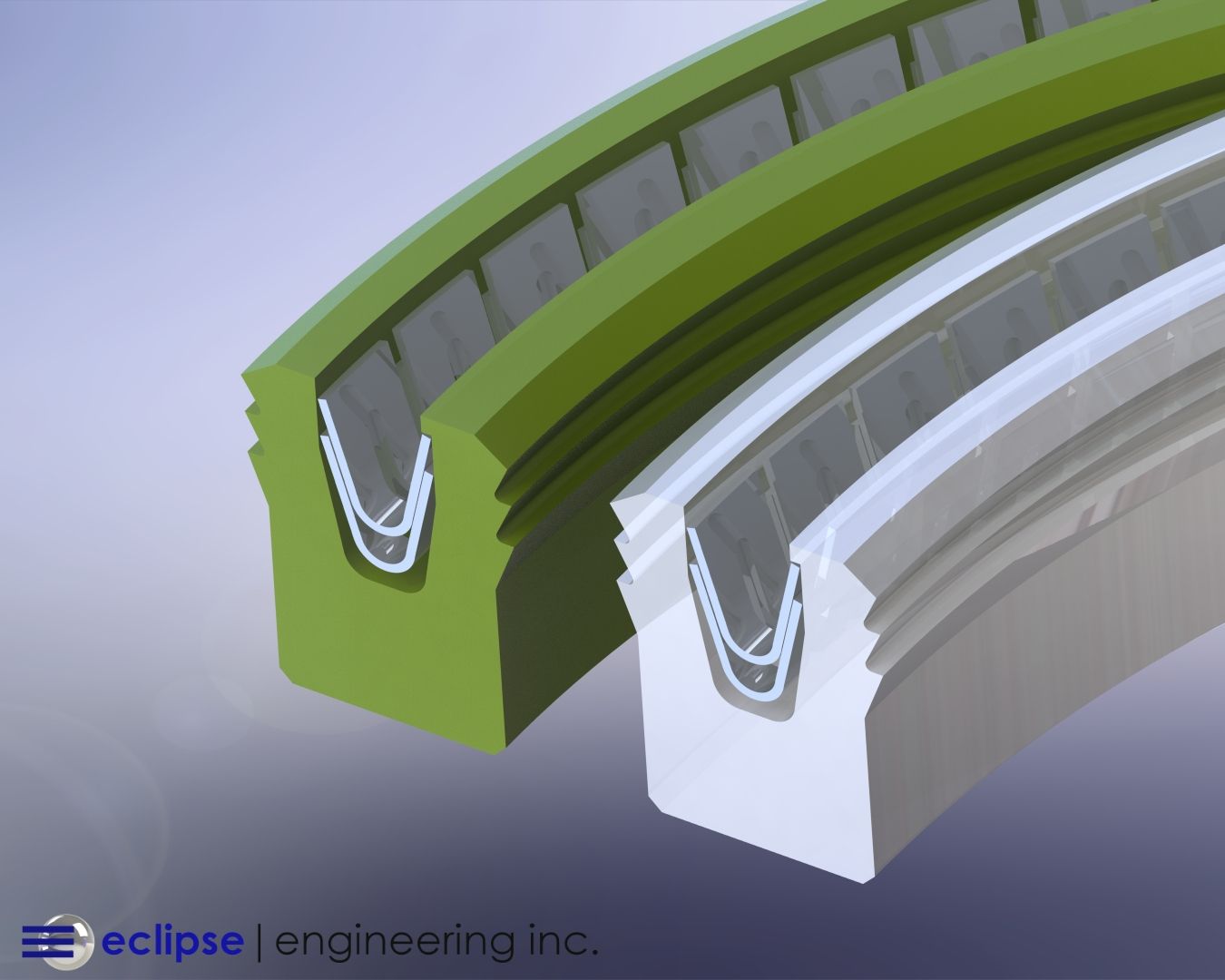 A 3D rendering of a green spring-energized rotary seal showing dual helical spring energizers
inside the inner and outer sealing lips, created by Eclipse Engineering.