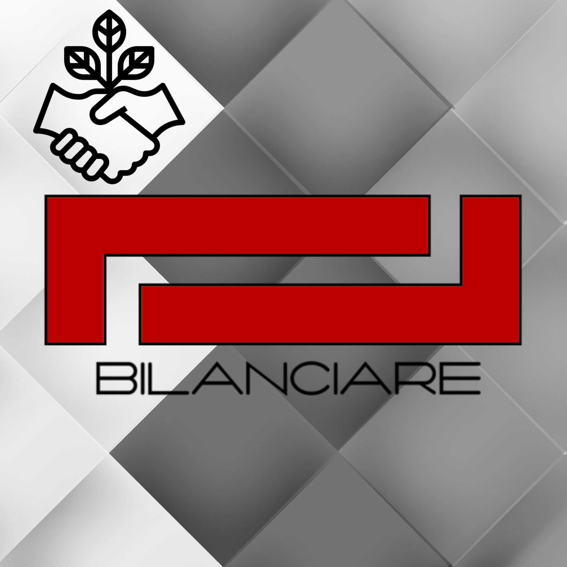 Un logotipo abstracto de color rojo, compuesto por dos formas geométricas entrelazadas, situado sobre la palabra