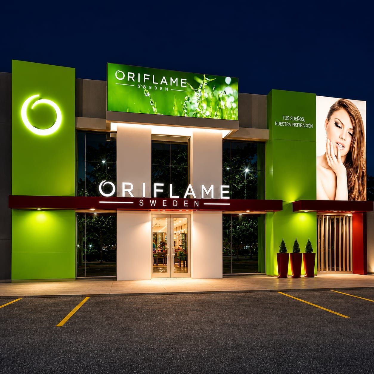 La fachada de un local de Oriflame por la noche, con un llamativo color verde, grandes letreros de la marca y gente en el aparcamiento.