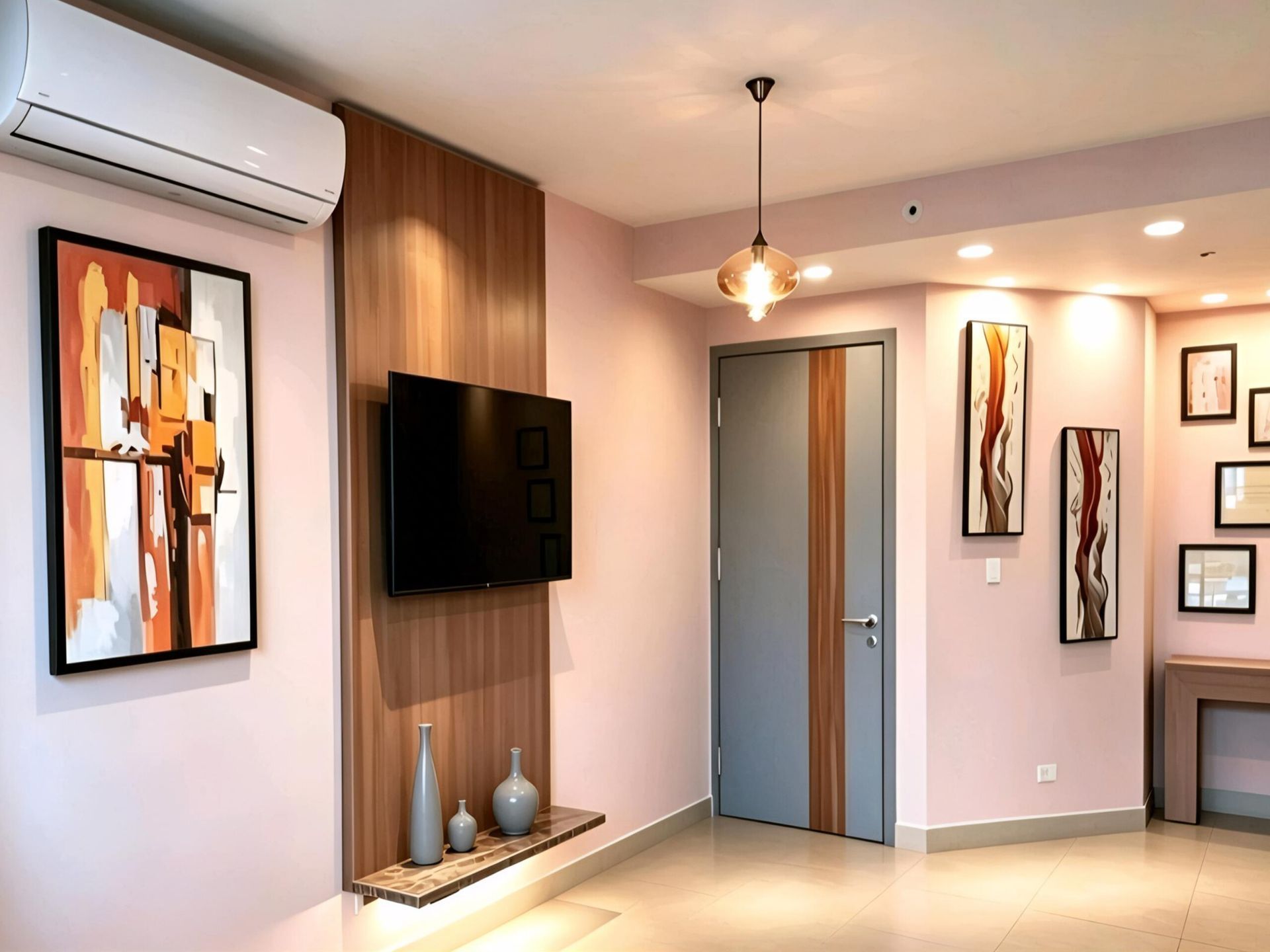 Un pasillo minimalista con paredes color crema, dos cuadros abstractos de gran tamaño, una pequeña mesa consola, marcos de fotos y una pared verde.