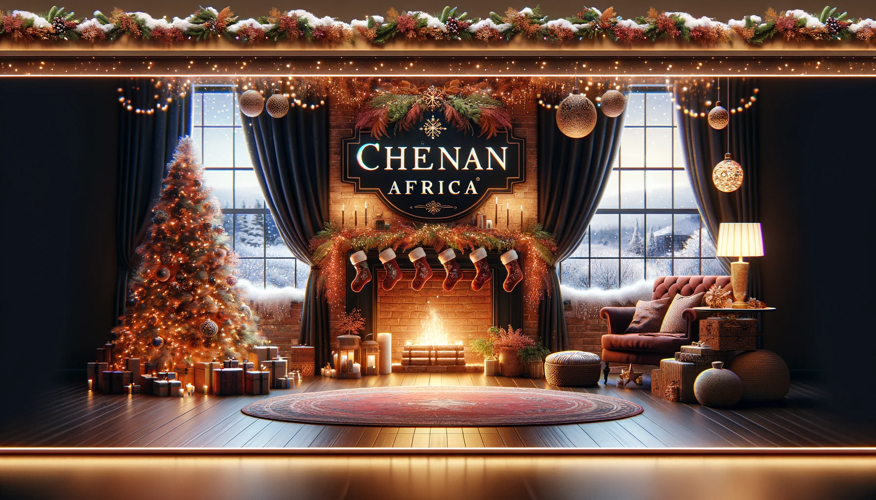 Scène de Noël chaleureuse : cheminée, sapin de Noël, cadeaux, décorations et logo Chenan Africa au-dessus de la cheminée.