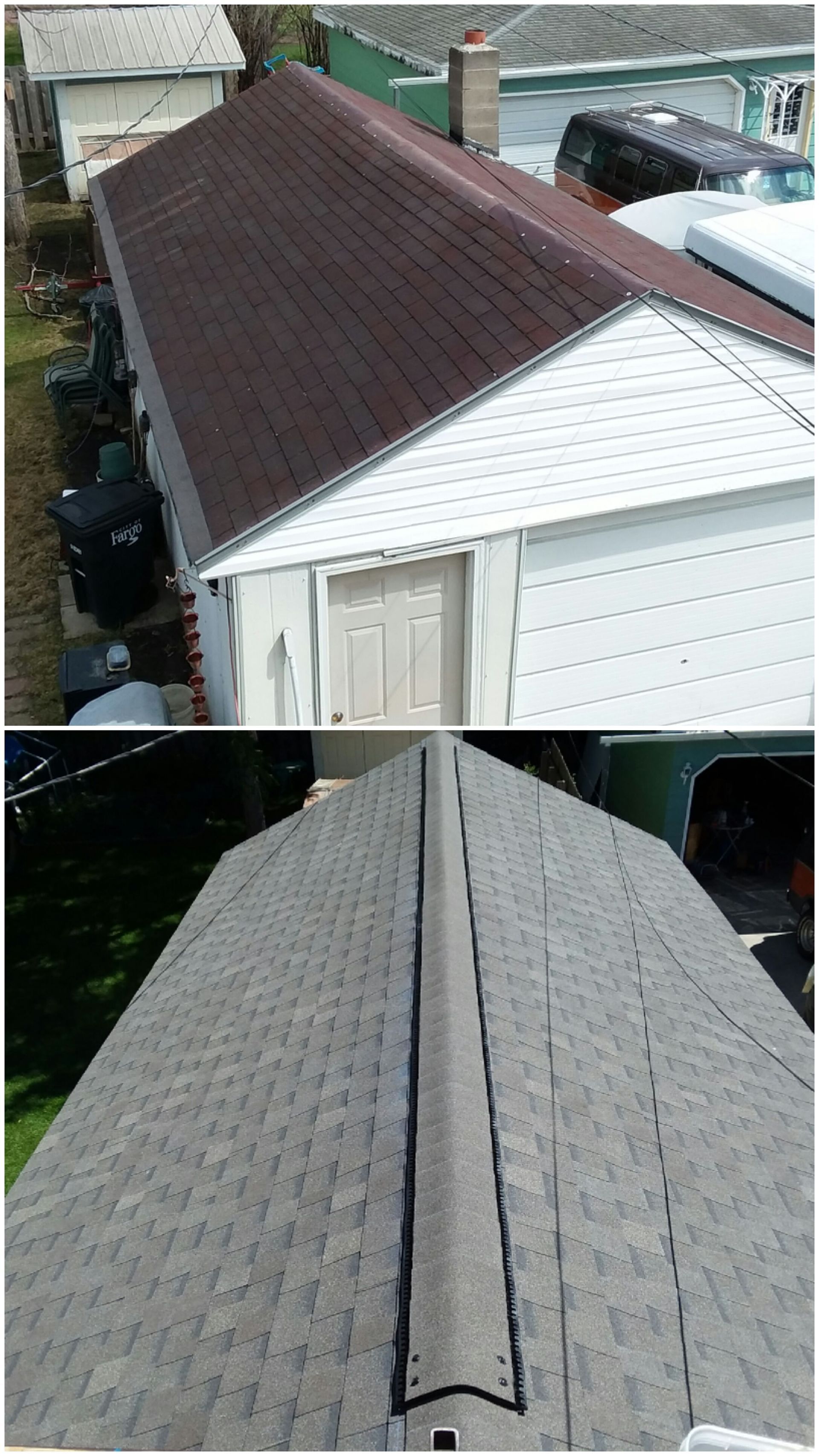 Atlas Weathered Wood Color shingles Installed on Detached Garage with a Ridge Vent in Hitterdal, MN