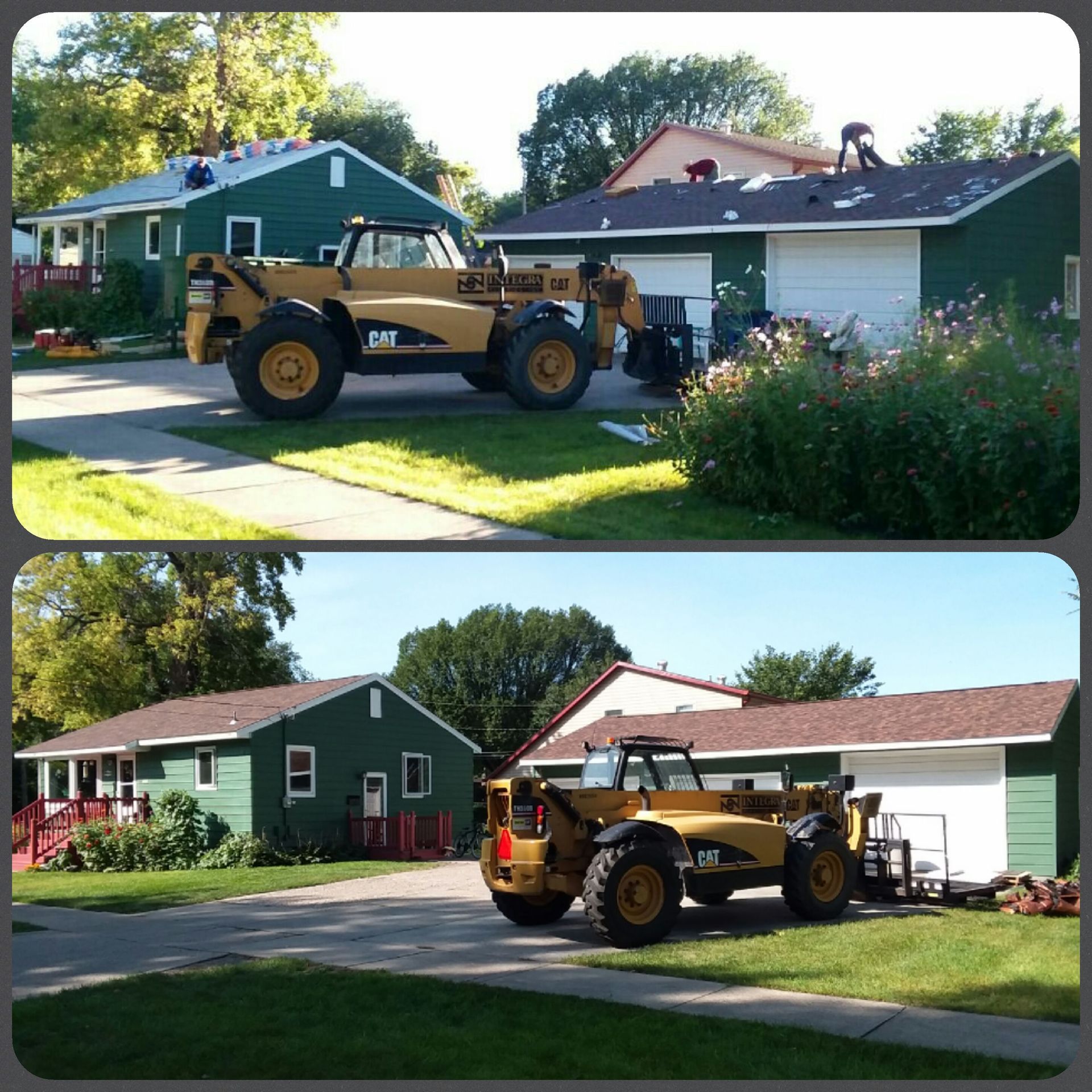 Workers Replacing Roof Shingles on House and Detached Garage in Grand Forks, ND