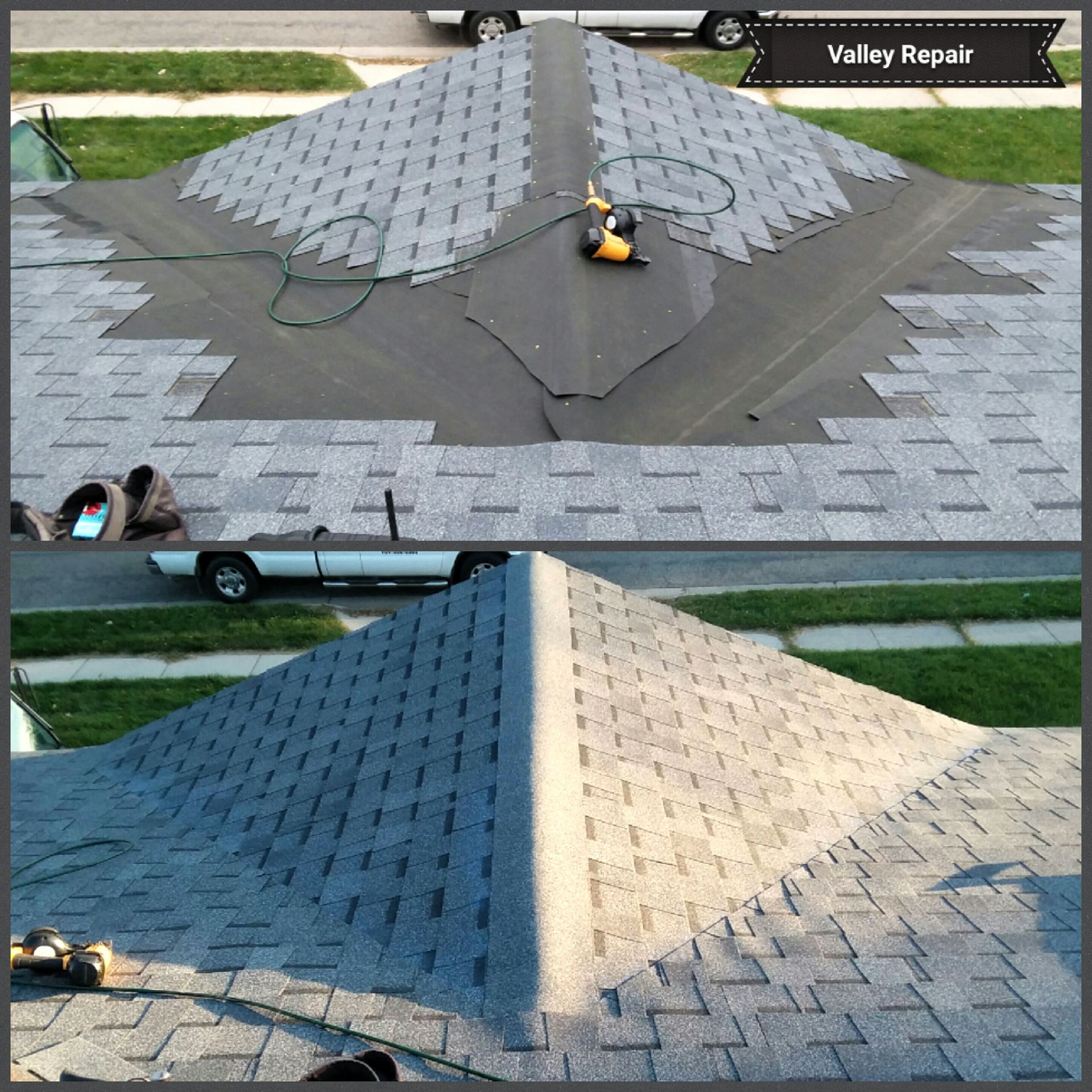 Shingled Roof Valley being Repaired on a Low Pitched Roof in West Fargo, ND