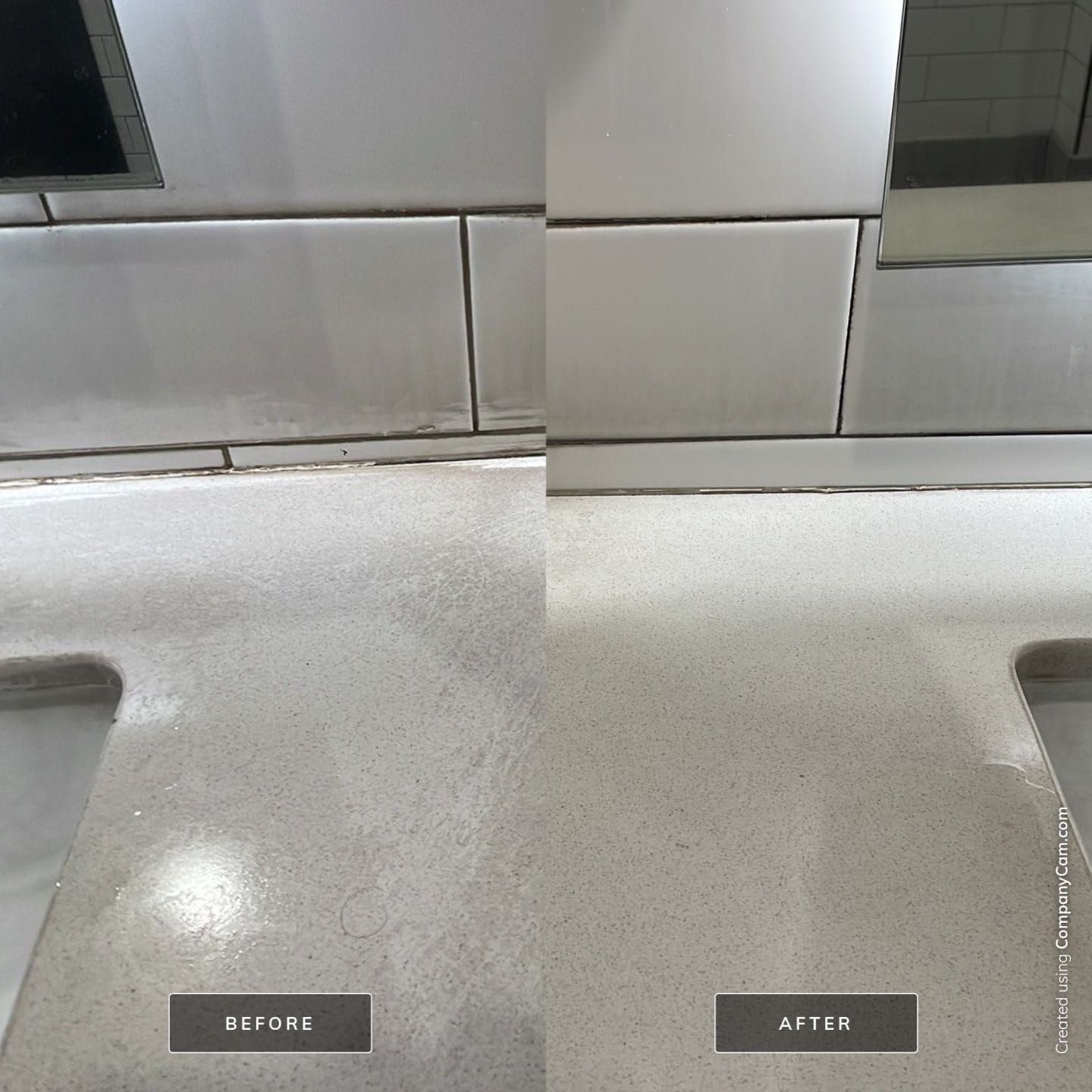 Split-screen showing a kitchen countertop backsplash before and after cleaning, highlighting the removal of residue.