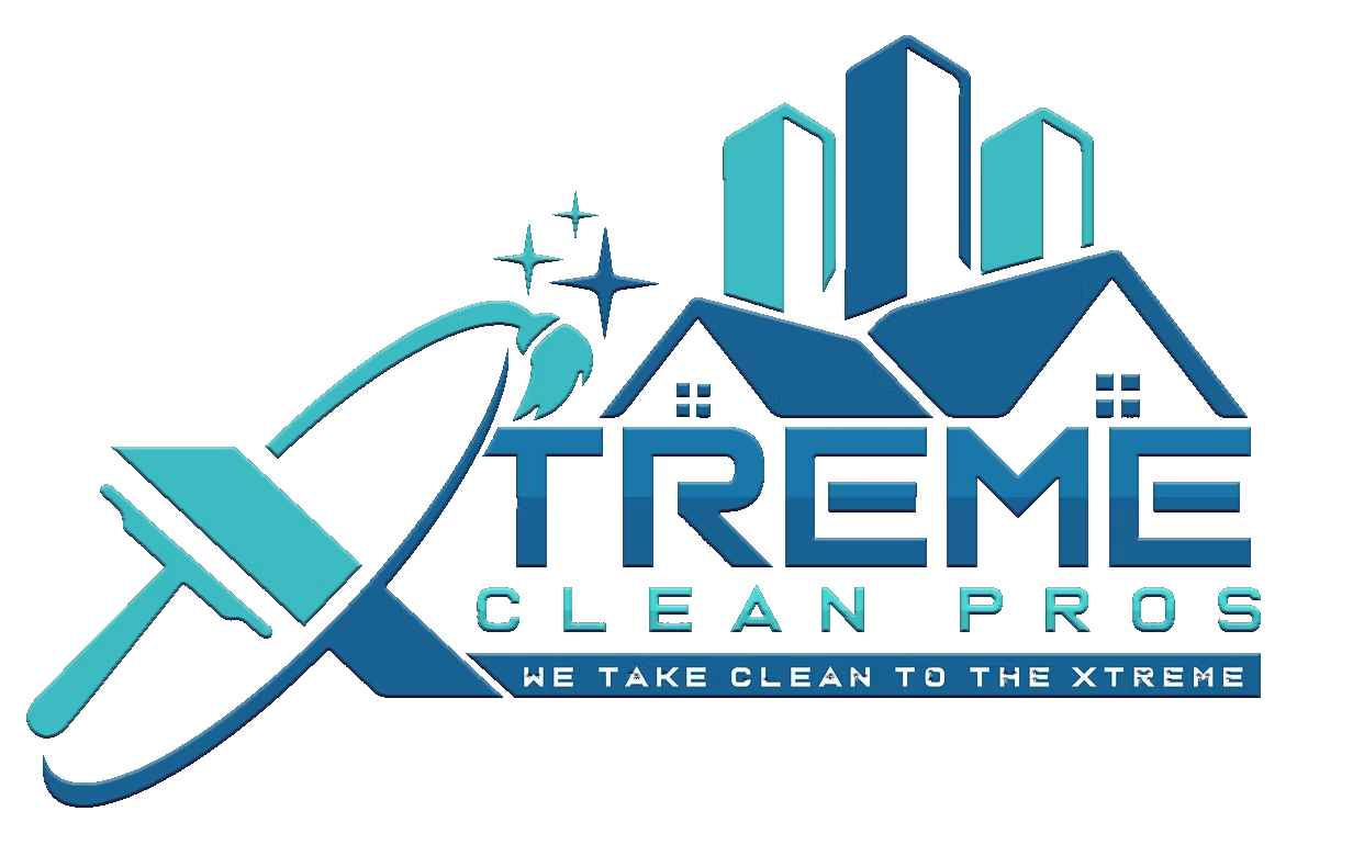 Logo for "XTREME CLEAN PROS" featuring a squeegee, stylized buildings, and houses in blue and teal colors.