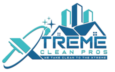 Logo for "XTREME CLEAN PROS" featuring a squeegee, stylized buildings, and houses in blue and teal colors.