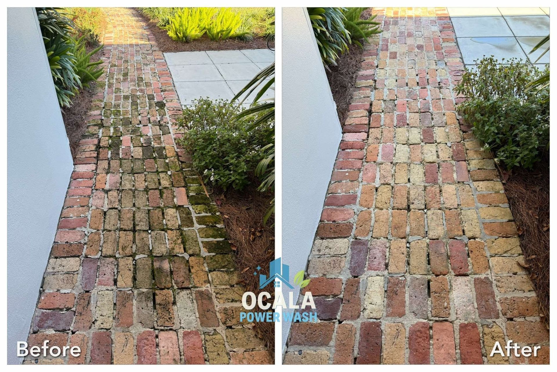 Before-and-after of a cleaned brick walkway next to water and shrubs.