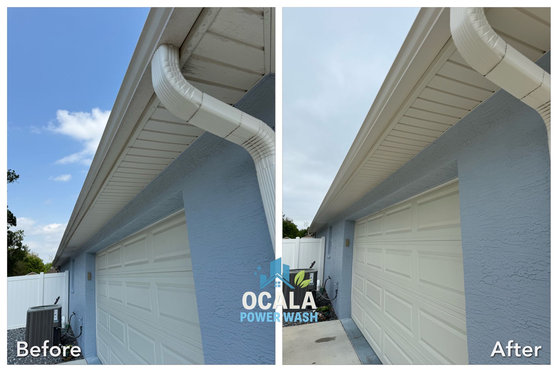 Before-and-after view of a house roof and white garage door after pressure washing.