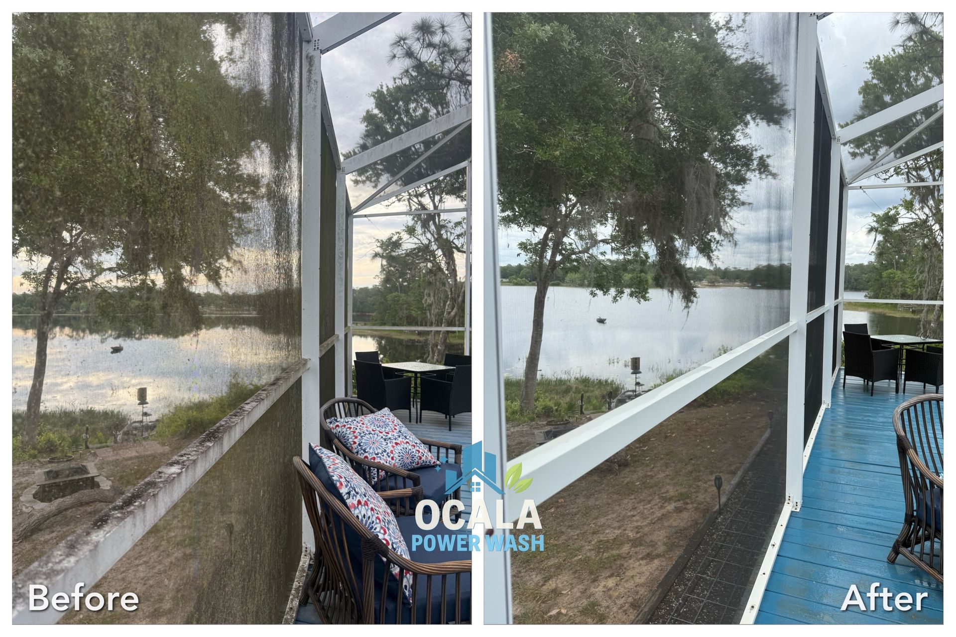 Before-and-after porch view of a lake, showing a screened enclosure and blue floor paint.